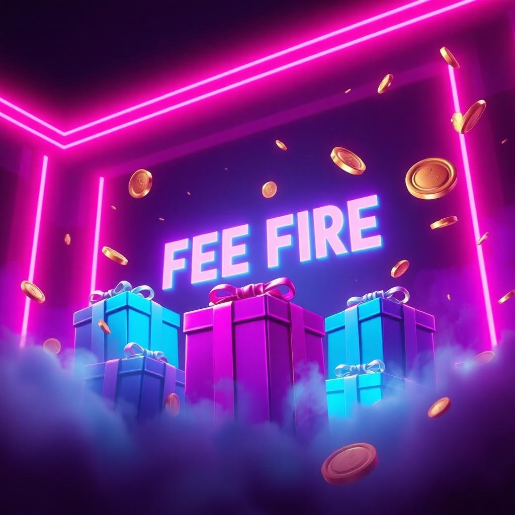 Free Fire reward vault with neon lights and gift boxes